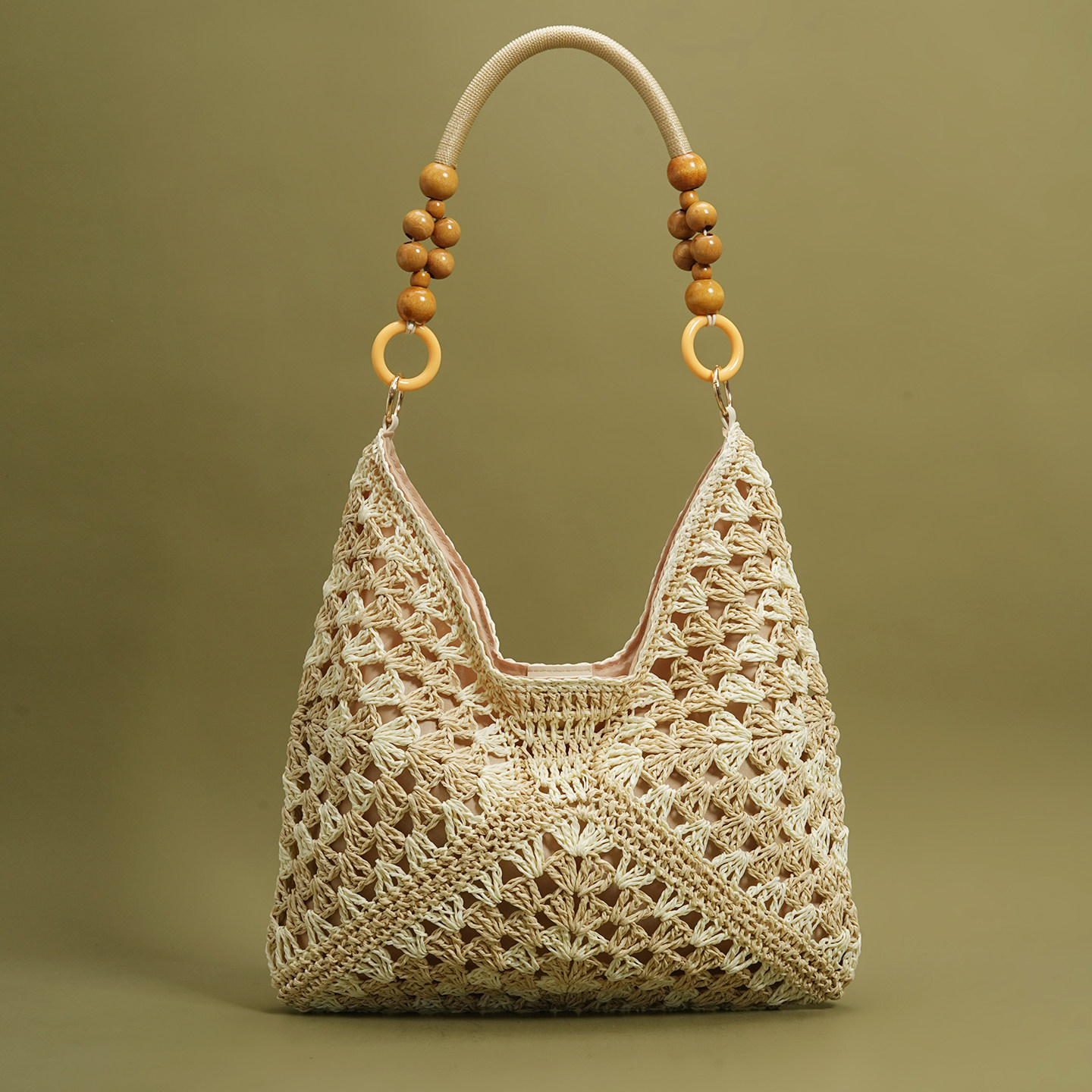 Woven Straw Beaded Shoulder Tote Bag