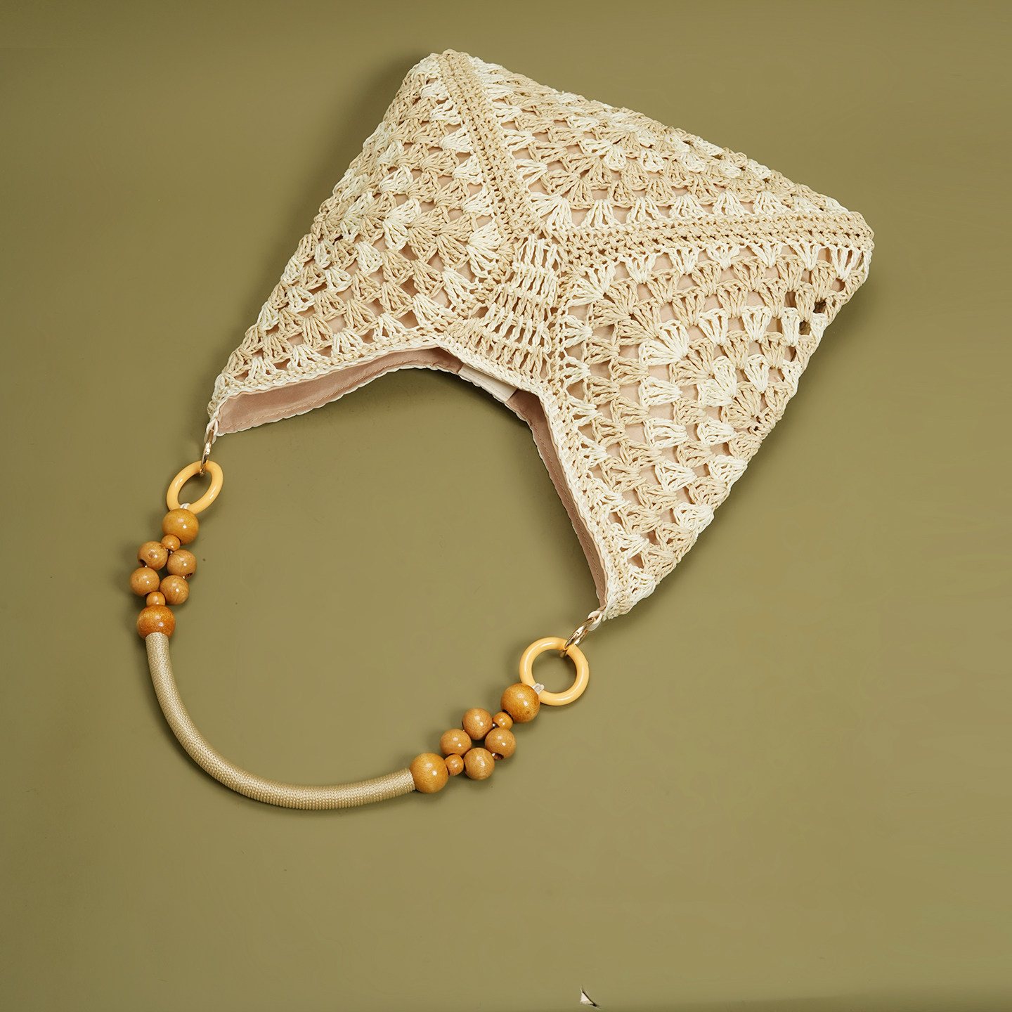 Woven Straw Beaded Shoulder Tote Bag